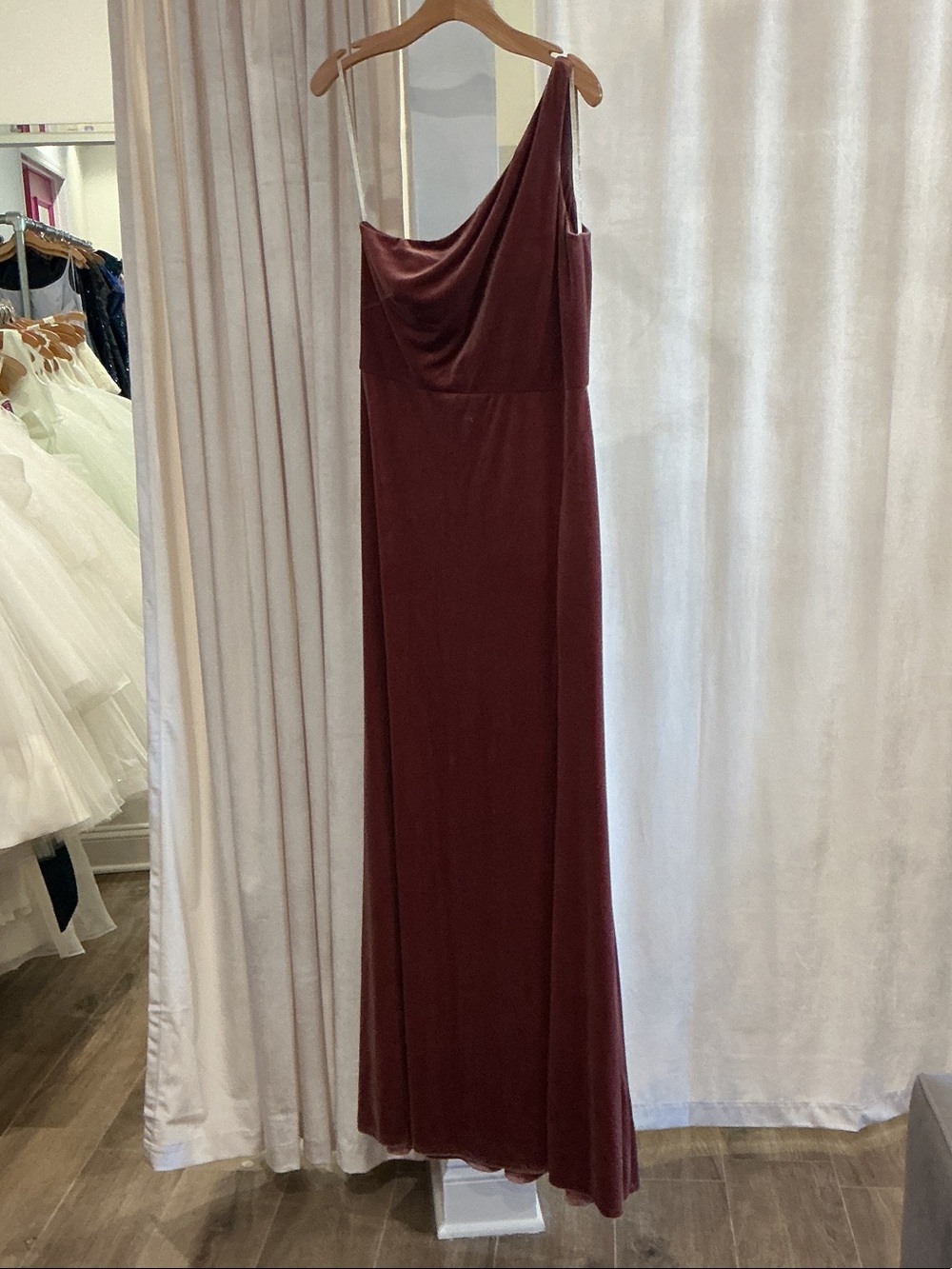 Women's One-Shoulder Cowl Neck Evening Dress - Burgundy